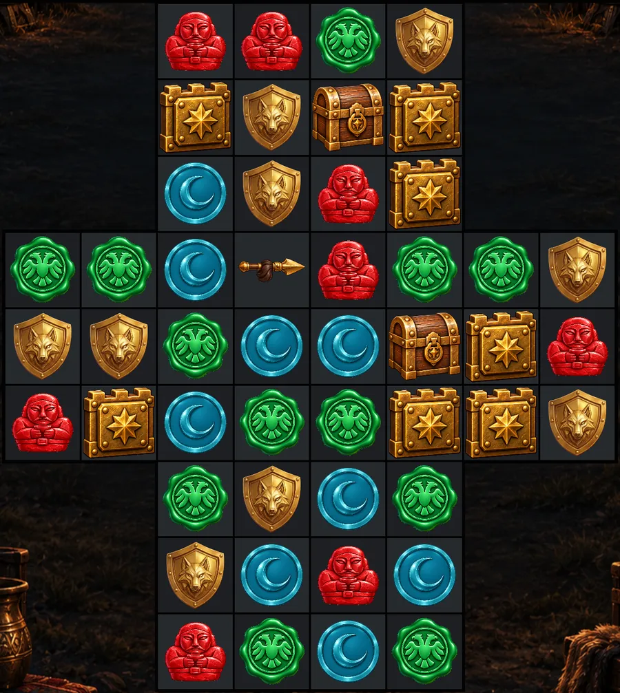 A match-3 board with colored tiles and obstacles